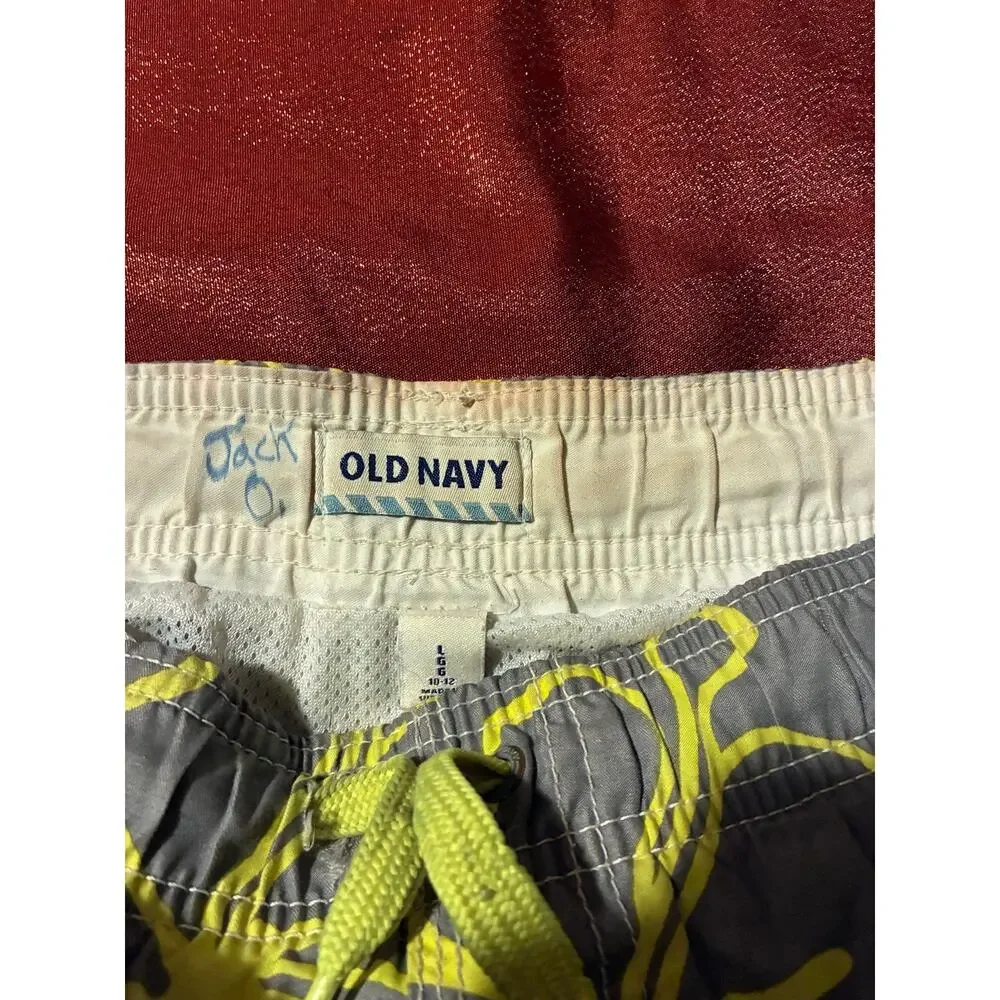 Old Navy Swim Trunks Boys L 10-12 Yellow Gray Floral Cargo Pocket Board Shorts